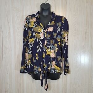 Eden & Olivia Navy Floral Long Sleeve Button Down Blouse Sz XL
